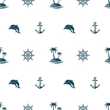 Beyaz arka planda dümen, çapa, yunus ve avuç içi desenleri var.