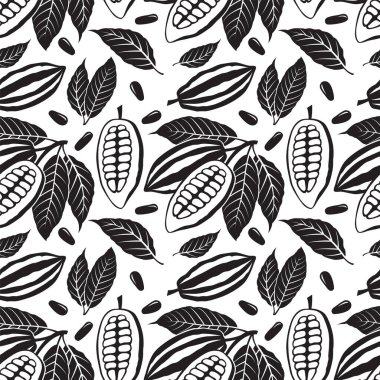 Kakao çekirdeğinin kusursuz deseni, beyaz arkaplanda dallar ve yapraklar