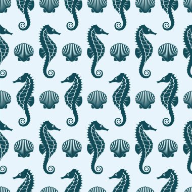 Deniz atı ve deniz kabuğuyla kusursuz denizcilik deseni.