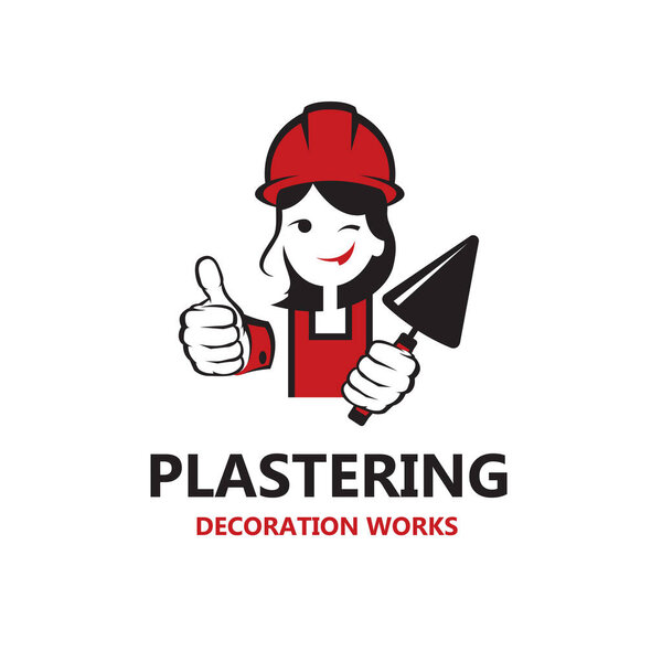 икона леди штукатурки в защитном шлеме с лопаткой в руке изолированы на белом фоне