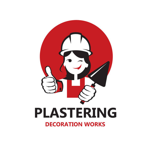 икона леди штукатурки в защитном шлеме с лопаткой в руке изолированы на белом фоне