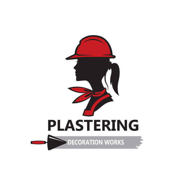 икона леди штукатурки в защитном шлеме с лопаткой в руке изолированы на белом фоне