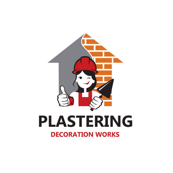 икона леди штукатурки в защитном шлеме с лопаткой в руке изолированы на белом фоне