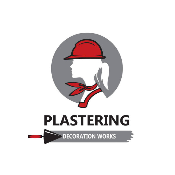 икона леди штукатурки в защитном шлеме с лопаткой изолированы на белом фоне