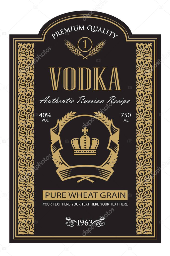 template vodka label with royal crown and ears of wheat in retro style