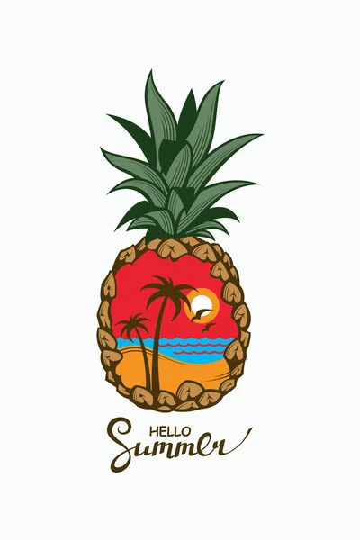 Emblema Abacaxi Fruta Tropical Com Mar Palma Gaivotas — Vetor de Stock