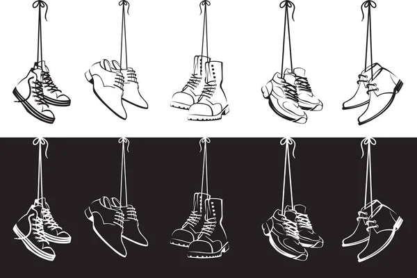 Colección Zapatos Colgados Cordones Aislados Sobre Fondo Blanco Negro — Vector de stock