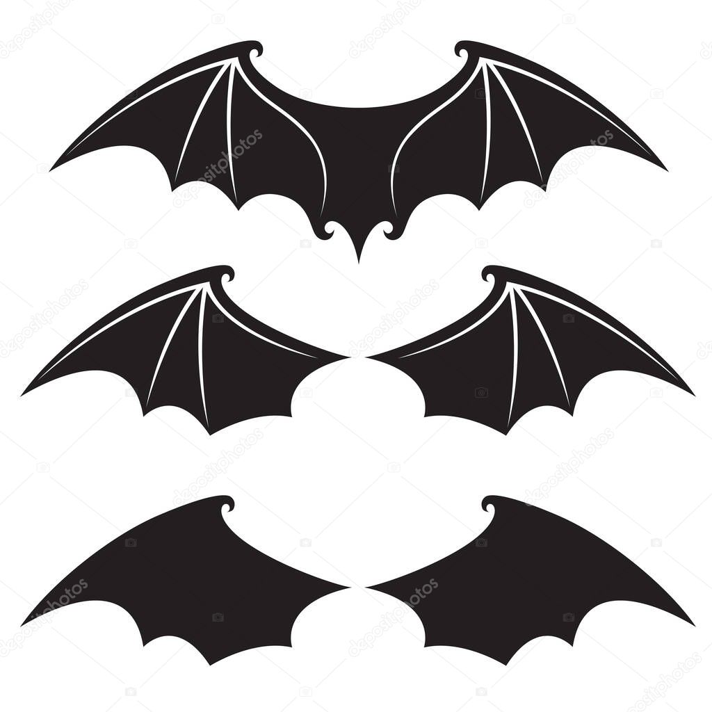 Collection of black bat wings isolated on white background
