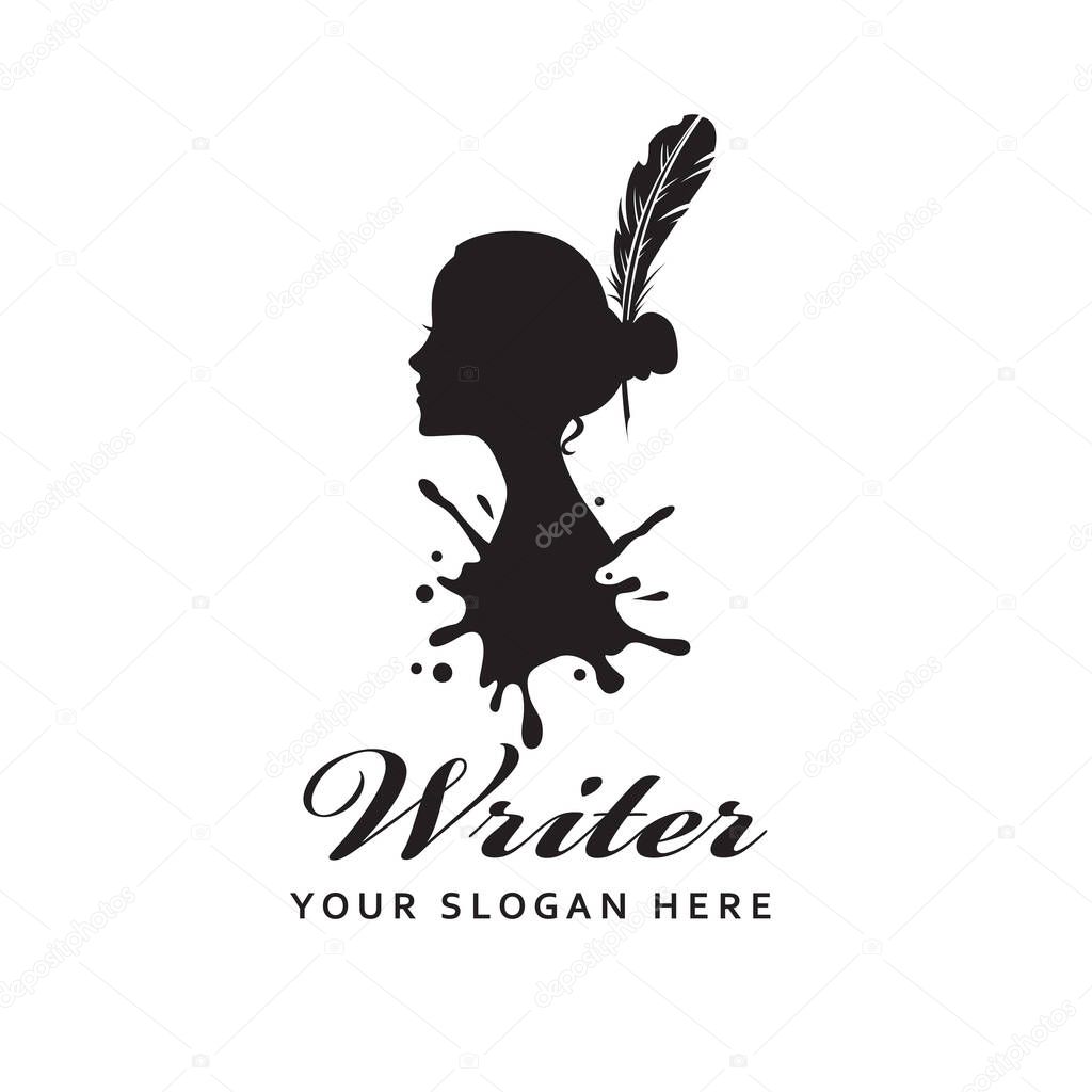 Woman writer icon with feather pen against background of ink blot isolated on white background