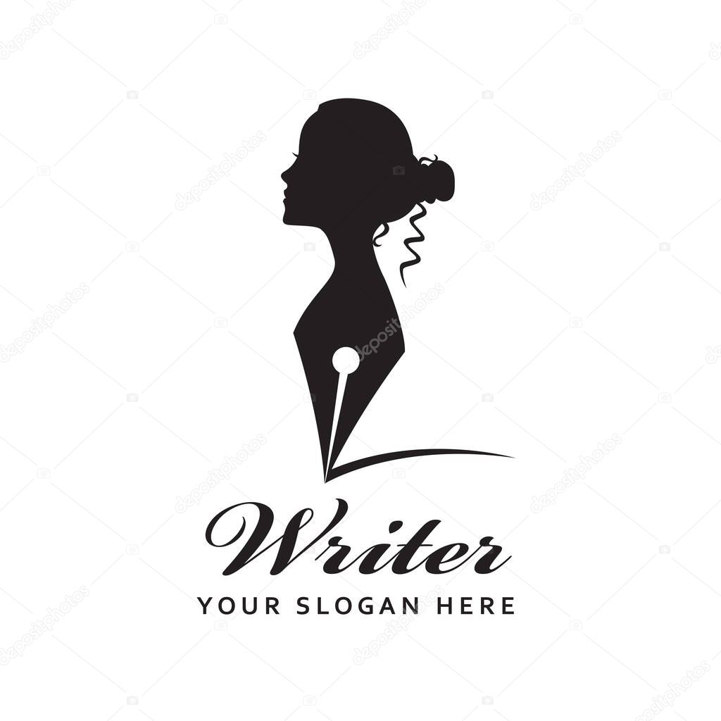 Woman writer icon with feather pen isolated on white background