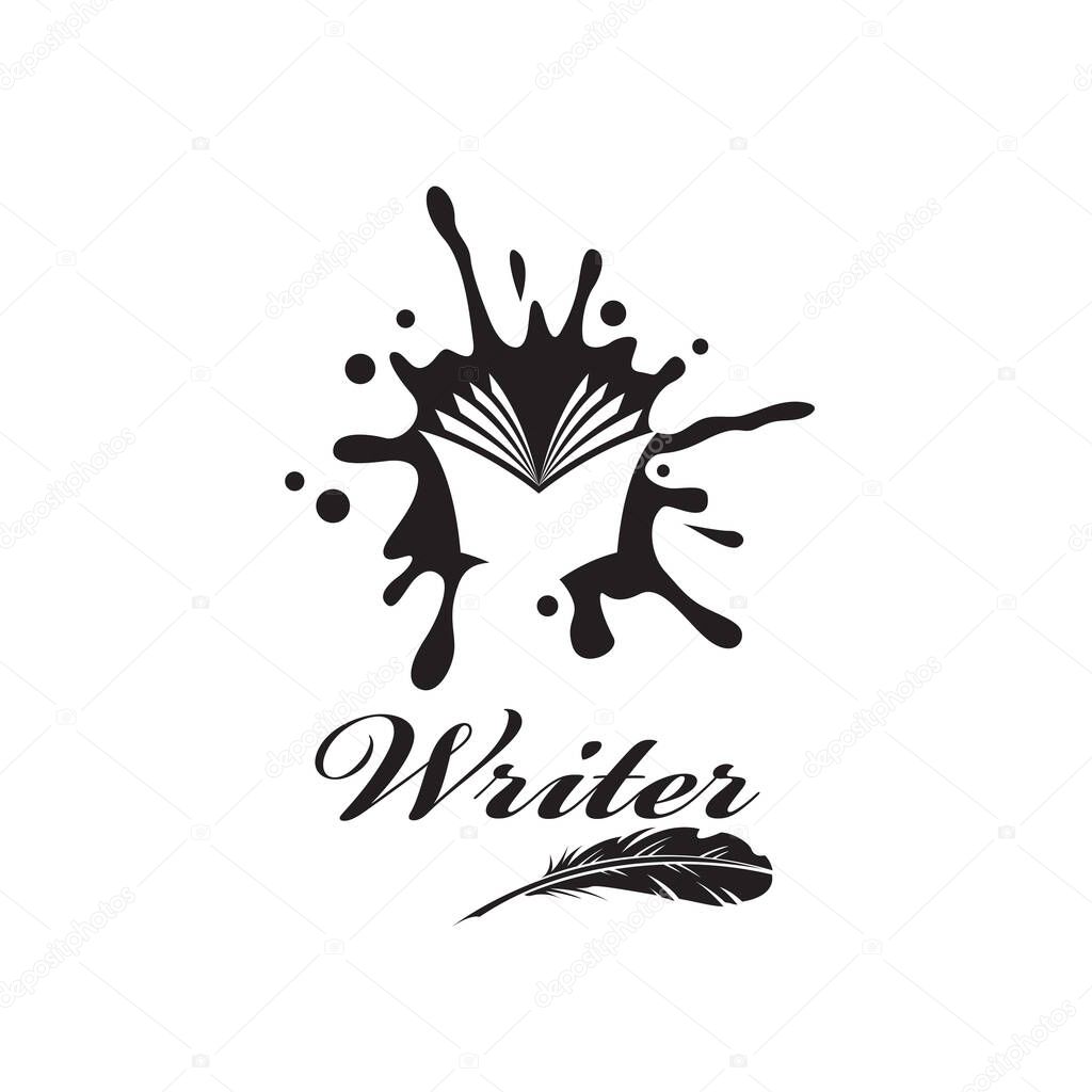 Writer icon with book against background of ink blot isolated on white background