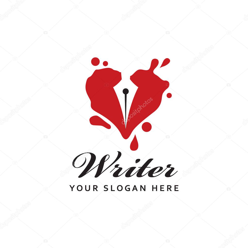Writer icon with feather pen against background of ink blot isolated on white background