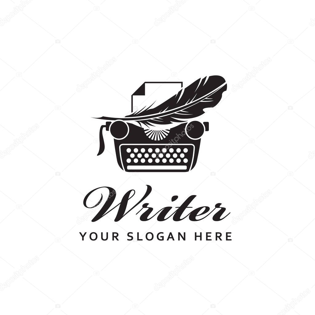 Writer badge with typewriter and pen feather isolated on white background