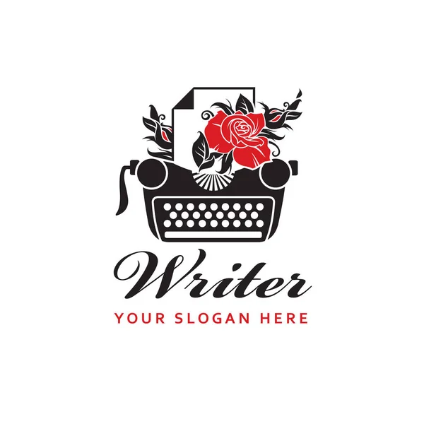 Schriftstellerabzeichen Mit Schreibmaschine Und Rose Isoliert Auf Weißem Hintergrund — Stockvektor