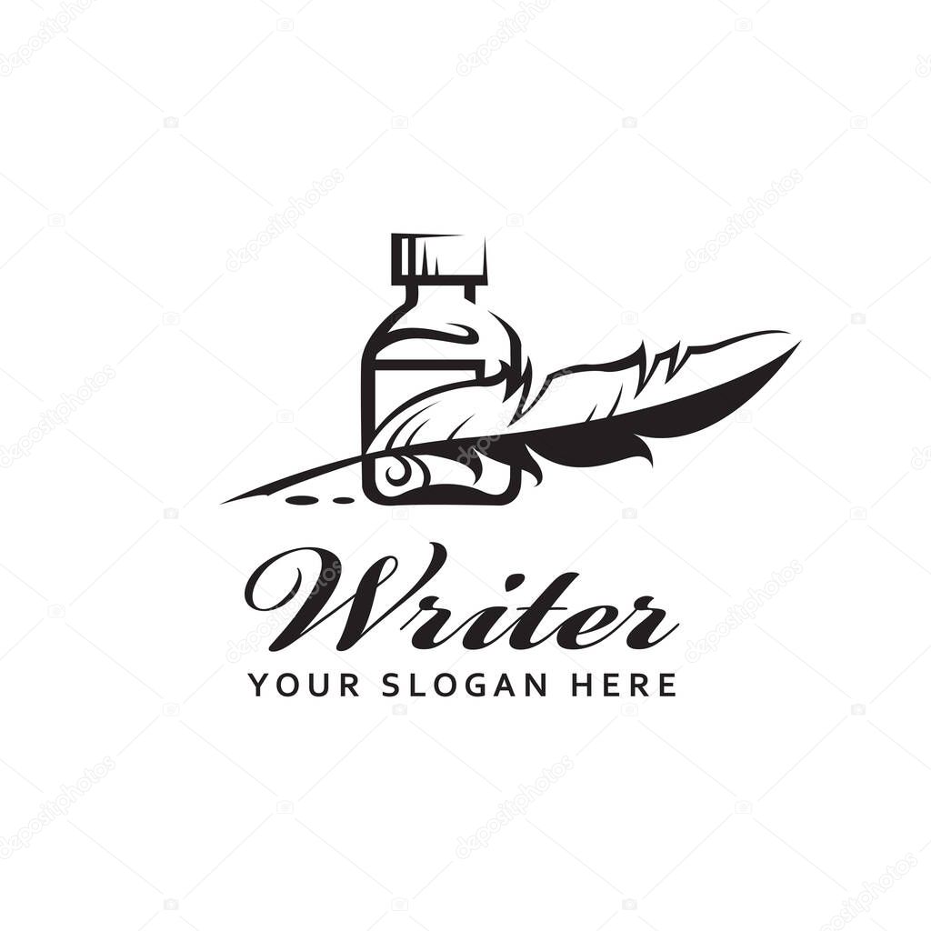 Writer icon with feather pen, inkwell and ink drops isolated on white background