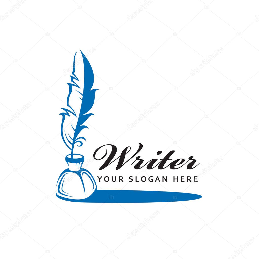 Writer icon with feather pen and inkwell isolated on white background