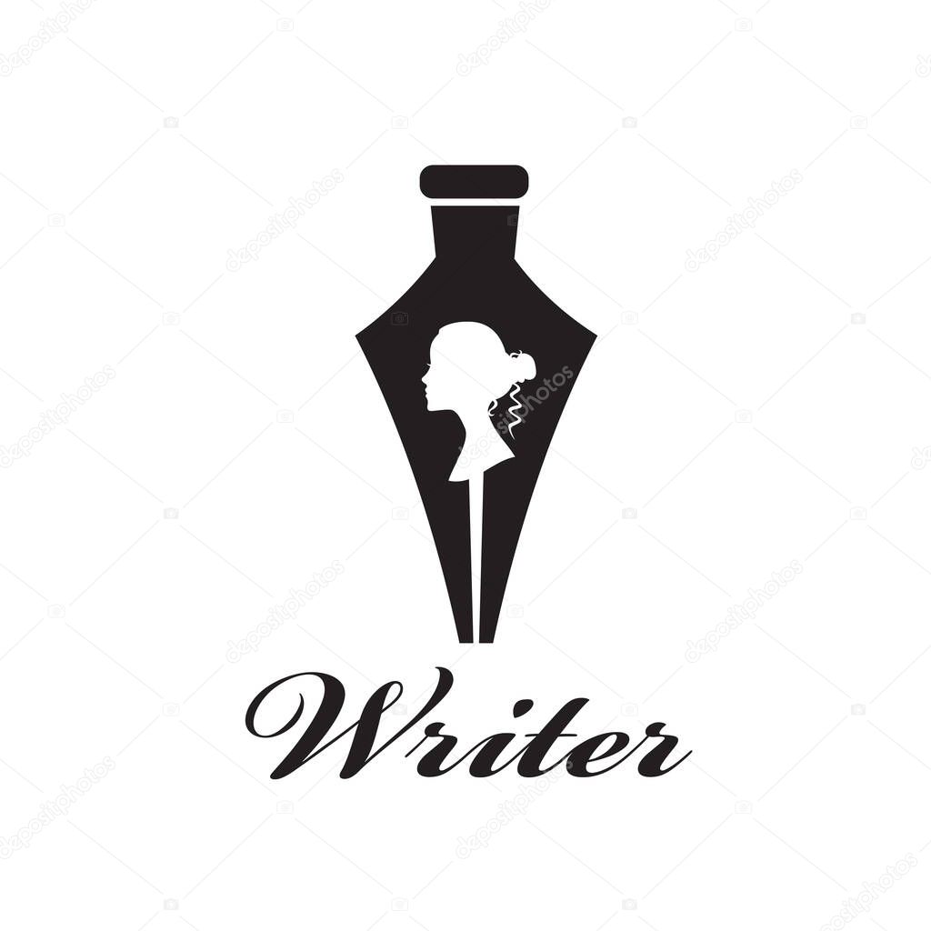 Woman writer icon with feather pen isolated on white background