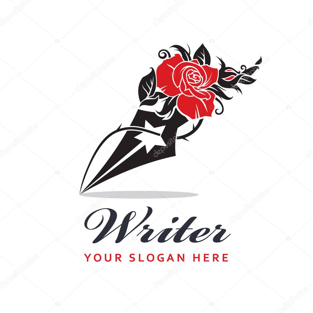 Writer icon with feather pen and rose isolated on white background