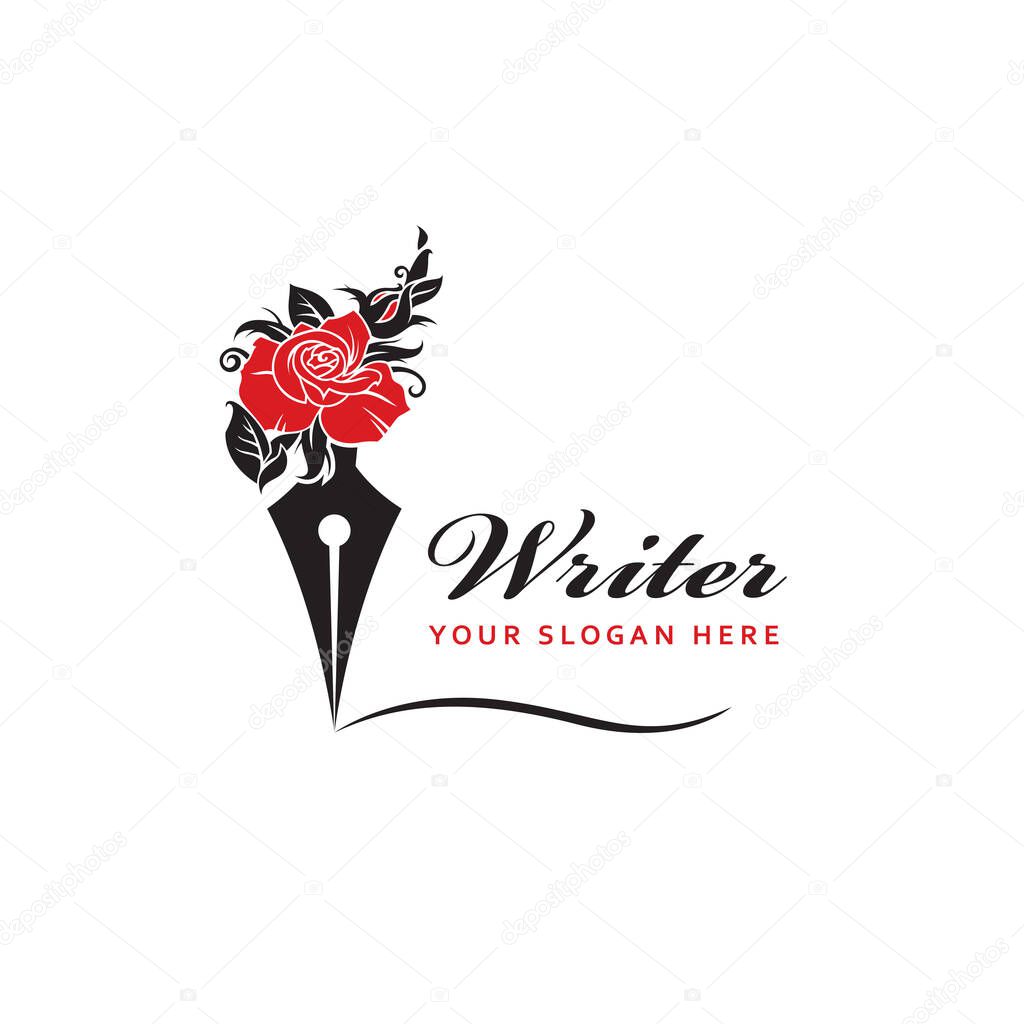 Writer icon with feather pen and rose isolated on white background