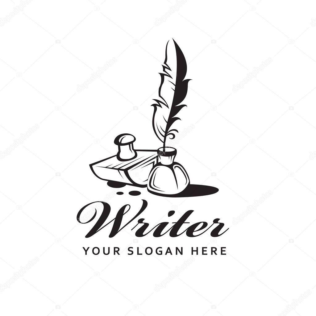 Writer icon with feather pen, inkwell and ink drops isolated on white background