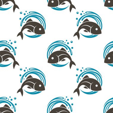 Beyaz zemin üzerinde balık ve su sıçraması olan kusursuz bir desen.