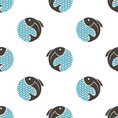 Beyaz zemin üzerinde balık ve su dalgaları olan kusursuz desen