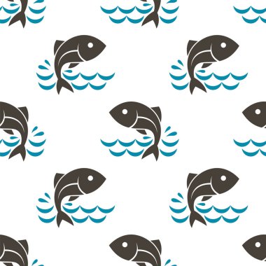 Beyaz zemin üzerinde balık ve su dalgaları olan kusursuz desen