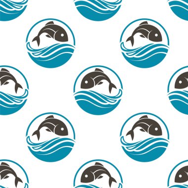 Beyaz zemin üzerinde balık ve su dalgaları olan kusursuz desen