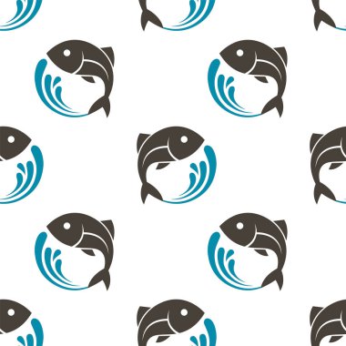 Beyaz zemin üzerinde balık ve su dalgaları olan kusursuz desen