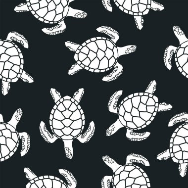 Siyah zemin üzerinde deniz kaplumbağaları olan kusursuz bir desen.