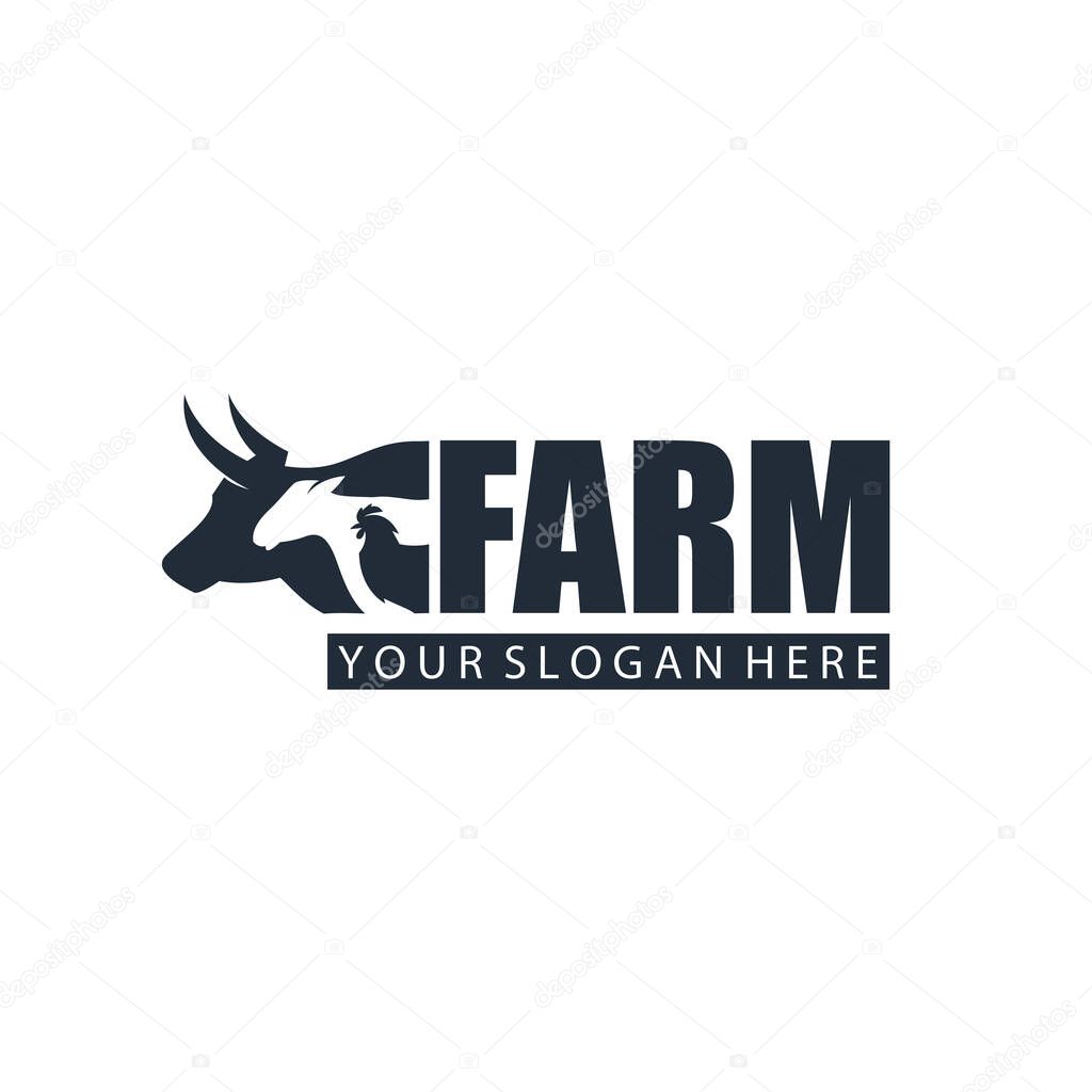 Monochrome label of farm animals cow, chicken and sheep isolated on white background