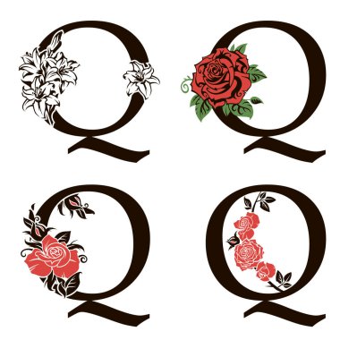 Beyaz arkaplanda izole edilmiş çiçek buketli Q harfi koleksiyonu