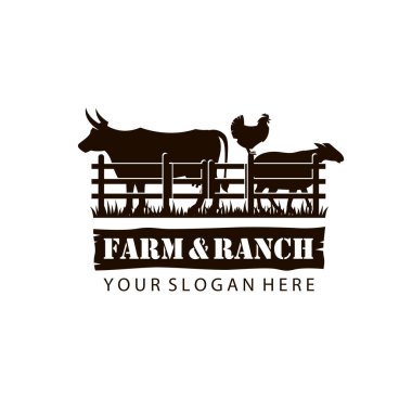 Beyaz arka planda izole edilmiş çiftlik hayvanları ineği, tavuk ve koyun etiketi