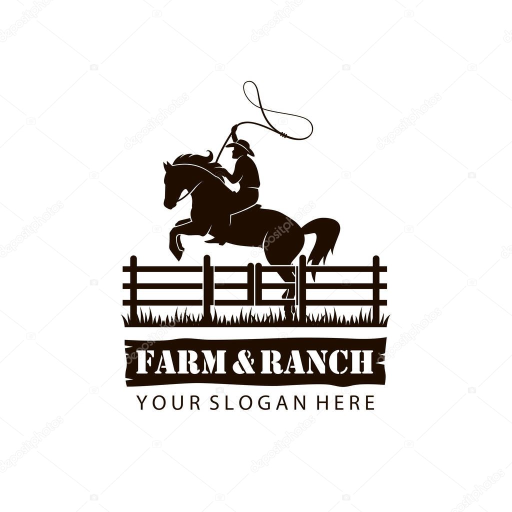 Emblem of cowboy silhouette with lasso on horse isolated on white background
