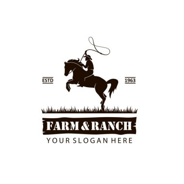 Beyaz arka planda izole edilmiş at üzerinde kement olan kovboy silueti amblemi.