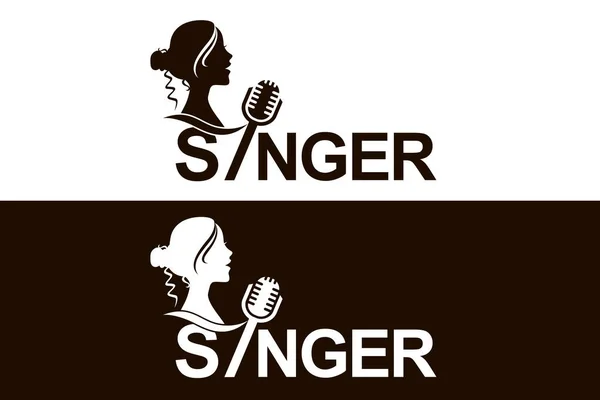 图标与歌唱的女人和麦克风隔离在白色和黑色背景 — 图库矢量图片