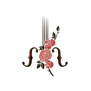 Beyaz arkaplanda izole edilmiş keman ve gülün soyut simgesi