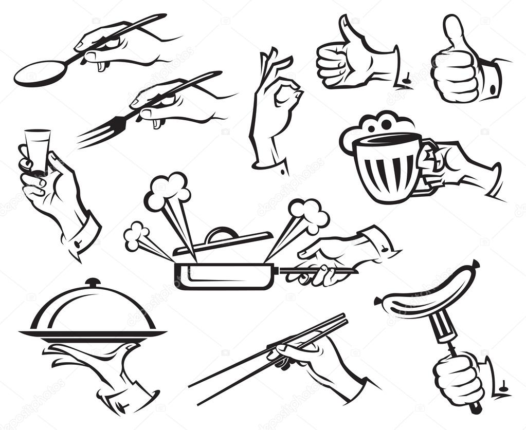 Set of monochrome images with food and hands