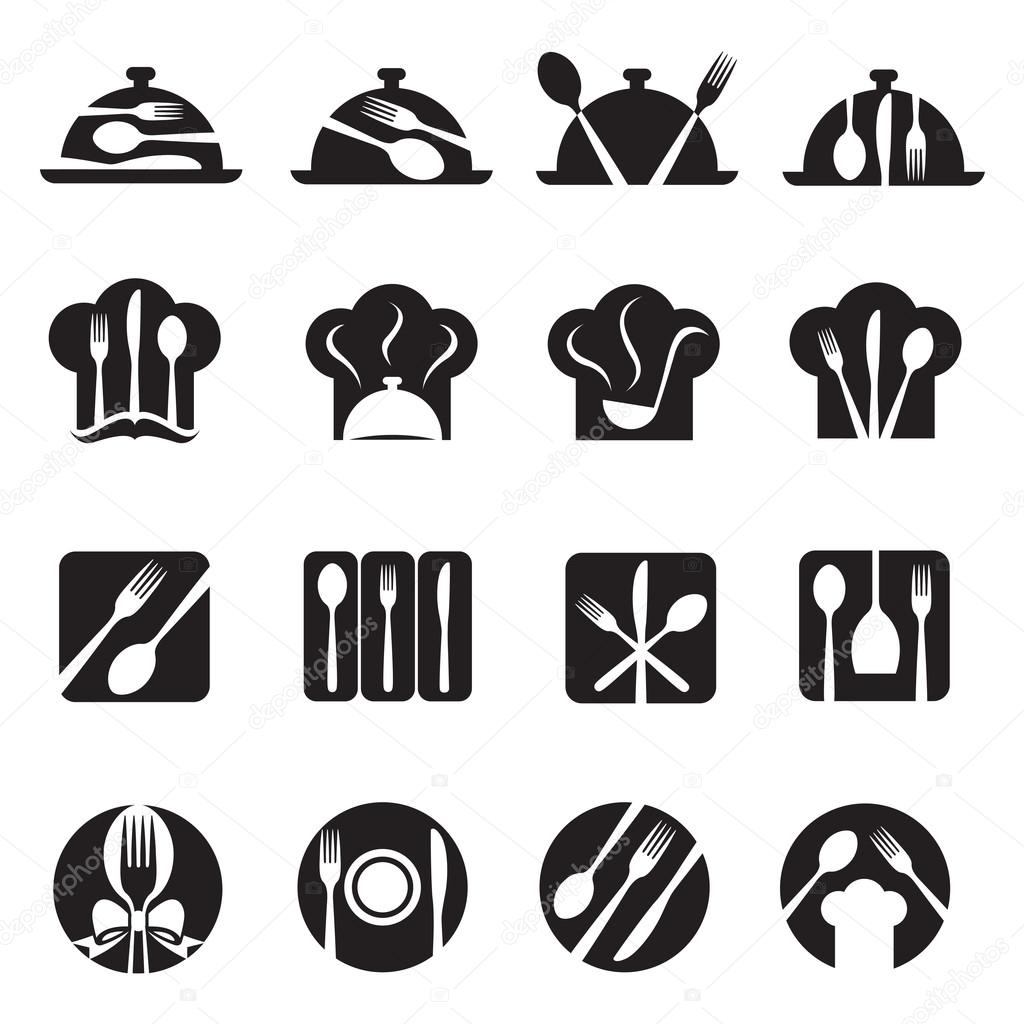 Monochrome set of sixteen icons with kitchenware