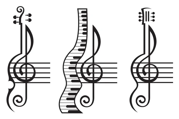 Violin, guitar, piano and treble clef — Stock Vector