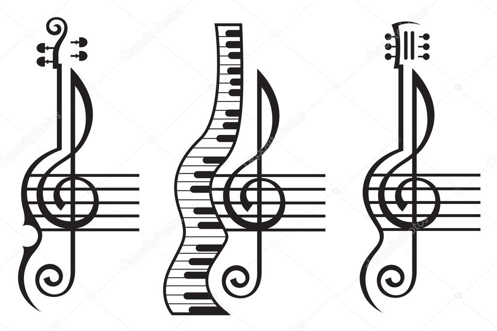 Monochrome illustration of violin, guitar, piano and treble clef