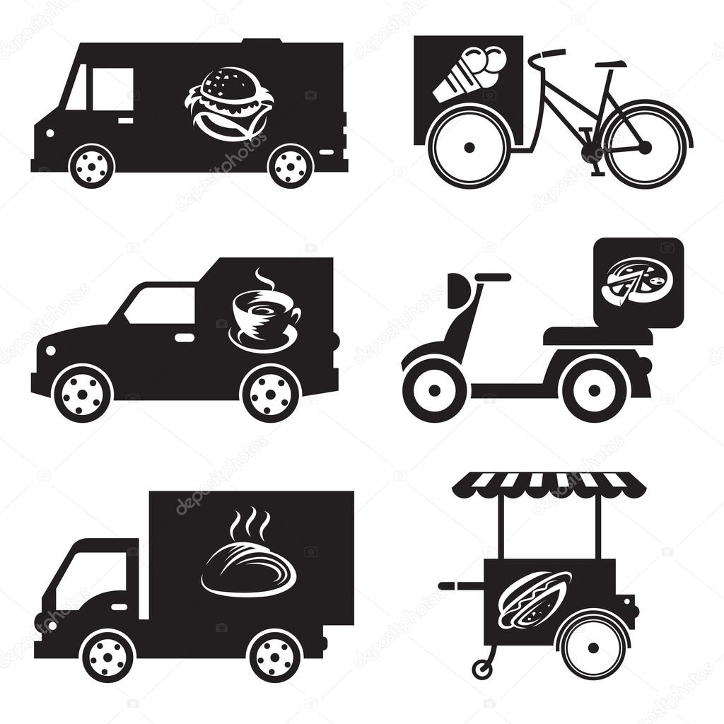 Monochrome illustration of nine food transport icons
