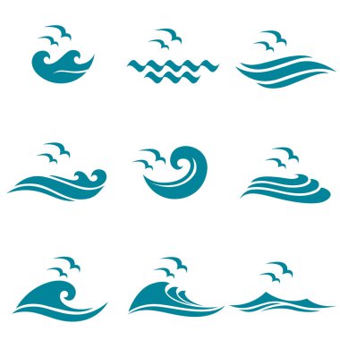 Beyaz arka planda izole edilmiş martılı deniz dalgalarının soyut koleksiyonu