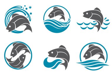 Beyaz arkaplanda izole edilmiş dalgaları olan soyut balık simgesi koleksiyonu