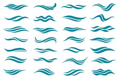 Beyaz arkaplanda izole edilmiş deniz dalgaları simgelerinin soyut koleksiyonu