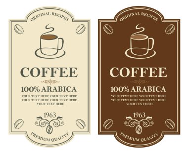 Beyaz arka planda izole edilmiş kahve etiketleri koleksiyonu