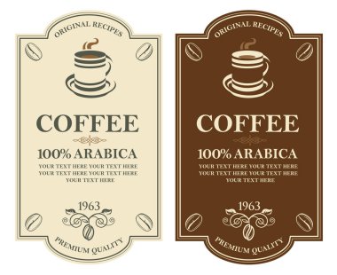 Beyaz arka planda izole edilmiş kahve etiketleri koleksiyonu