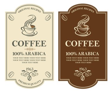 Beyaz arka planda izole edilmiş kahve etiketleri koleksiyonu
