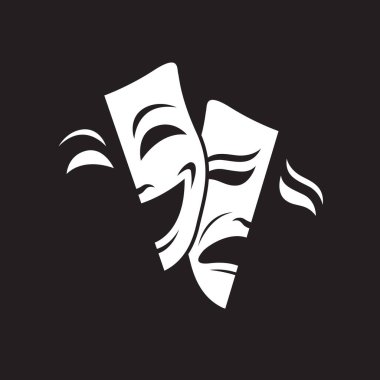 Siyah arka planda izole edilmiş komedi ve trajedi teatral maskeler ikonu