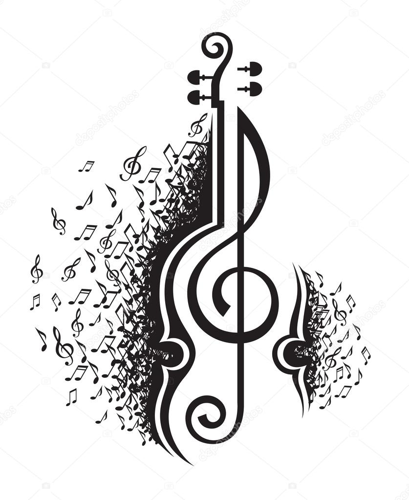Monochrome illustration of musical notes and violin